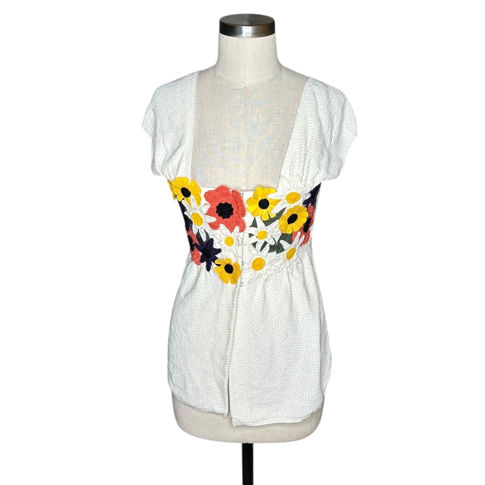 Moth White Peplum Blouse with Yellow and Coral Floral Embroidery